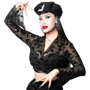 Bats Mesh Tie Top Front or Back Long Bell Sleeves S-M L-XL 2XL-3XL NWT